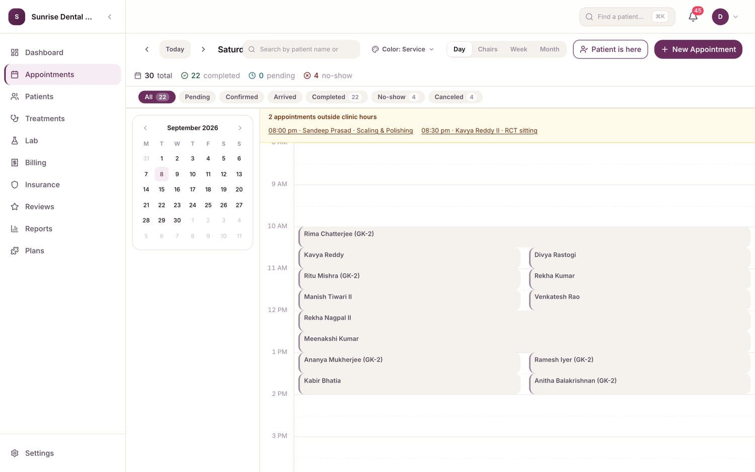 The appointment calendar with chair and dentist lanes