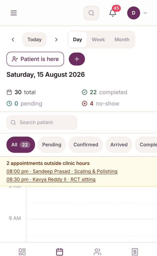 The appointment calendar with chair and dentist lanes